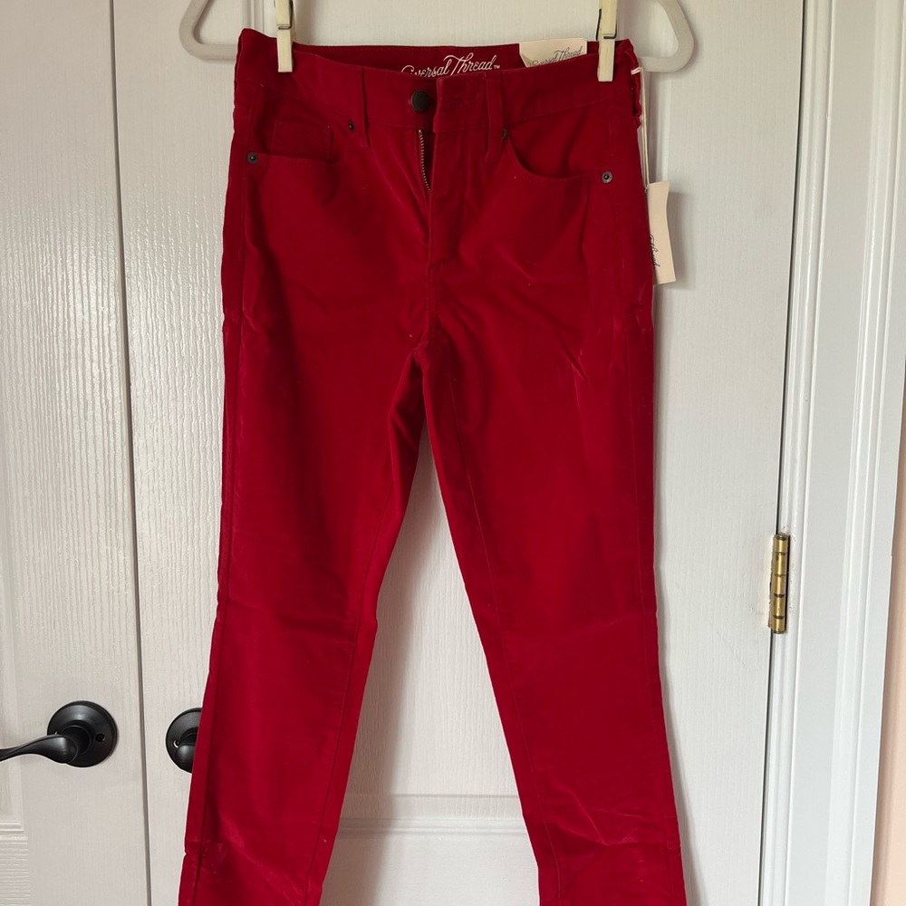 Red Velour High Rise Skinny Jeans